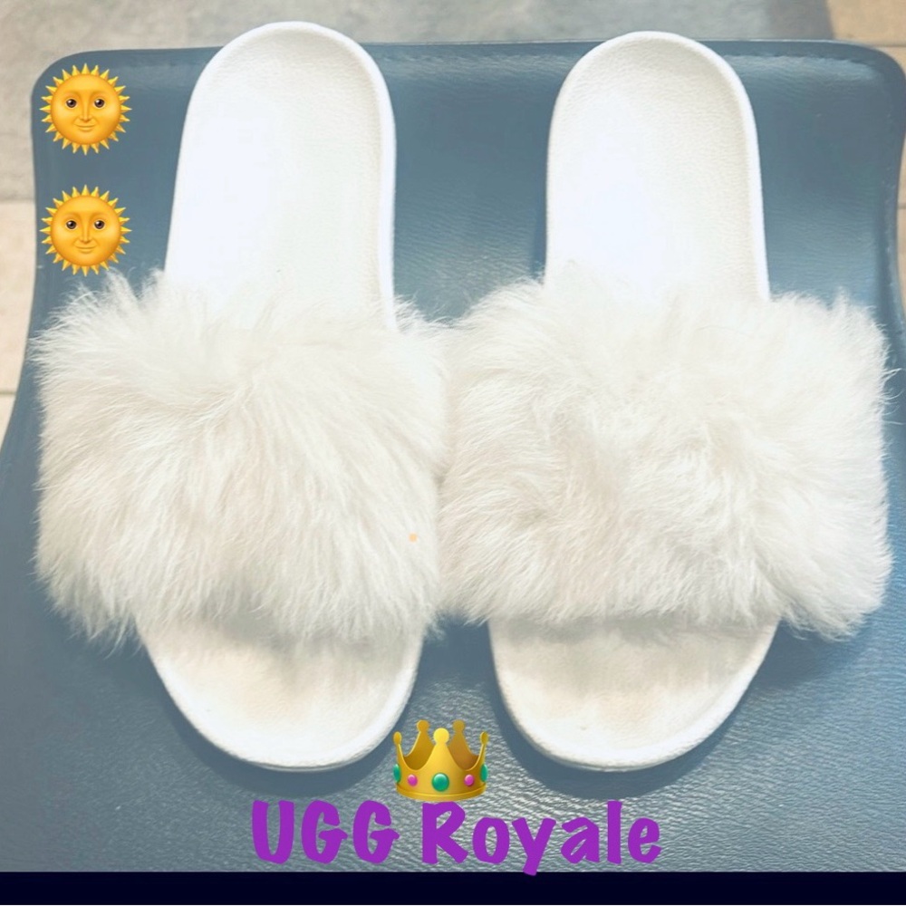 EUC: UGG “Royale” white faux fur slides; women’s; size 10US (41)